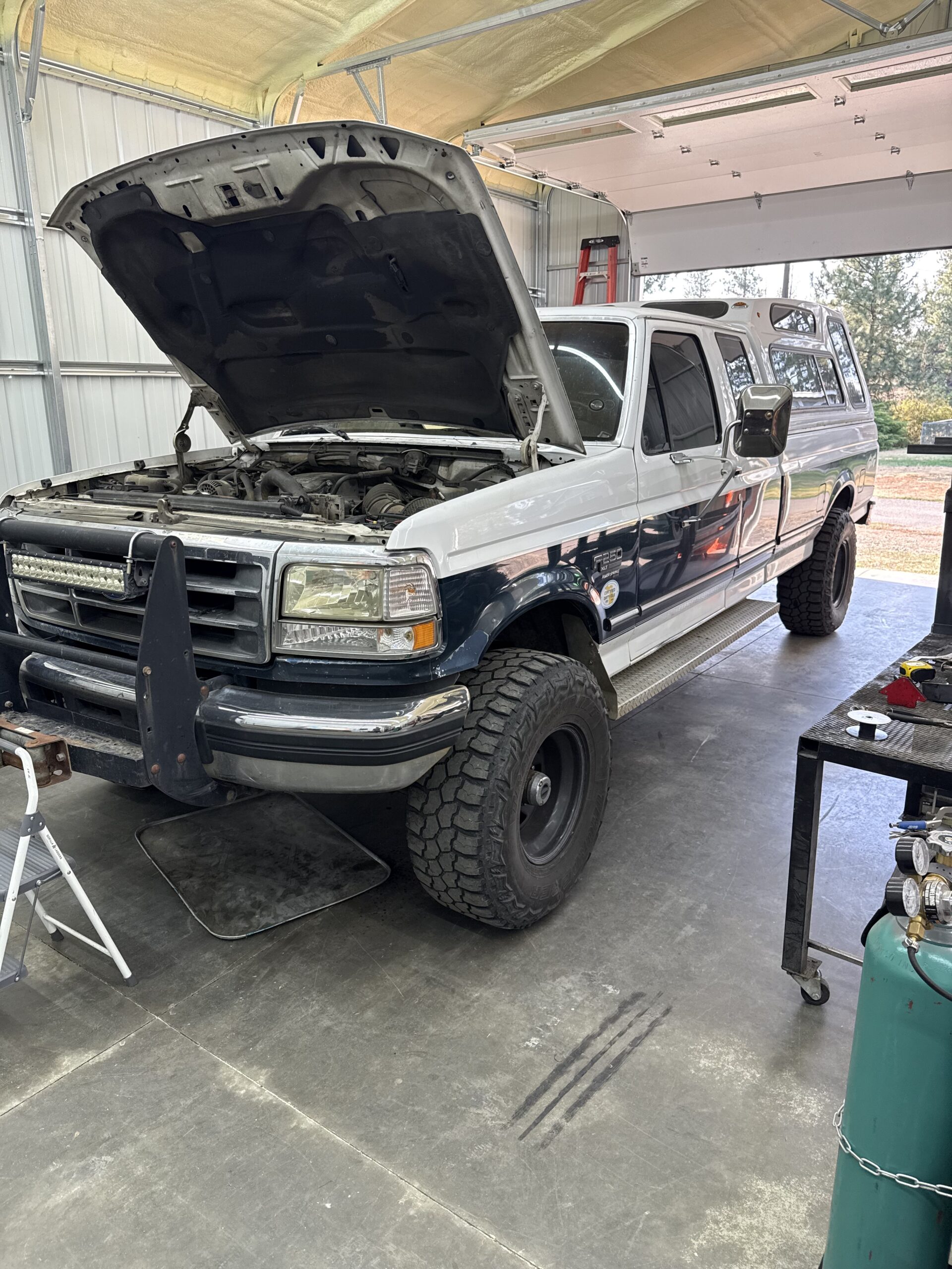 Heavy duty pickup truck in service bay